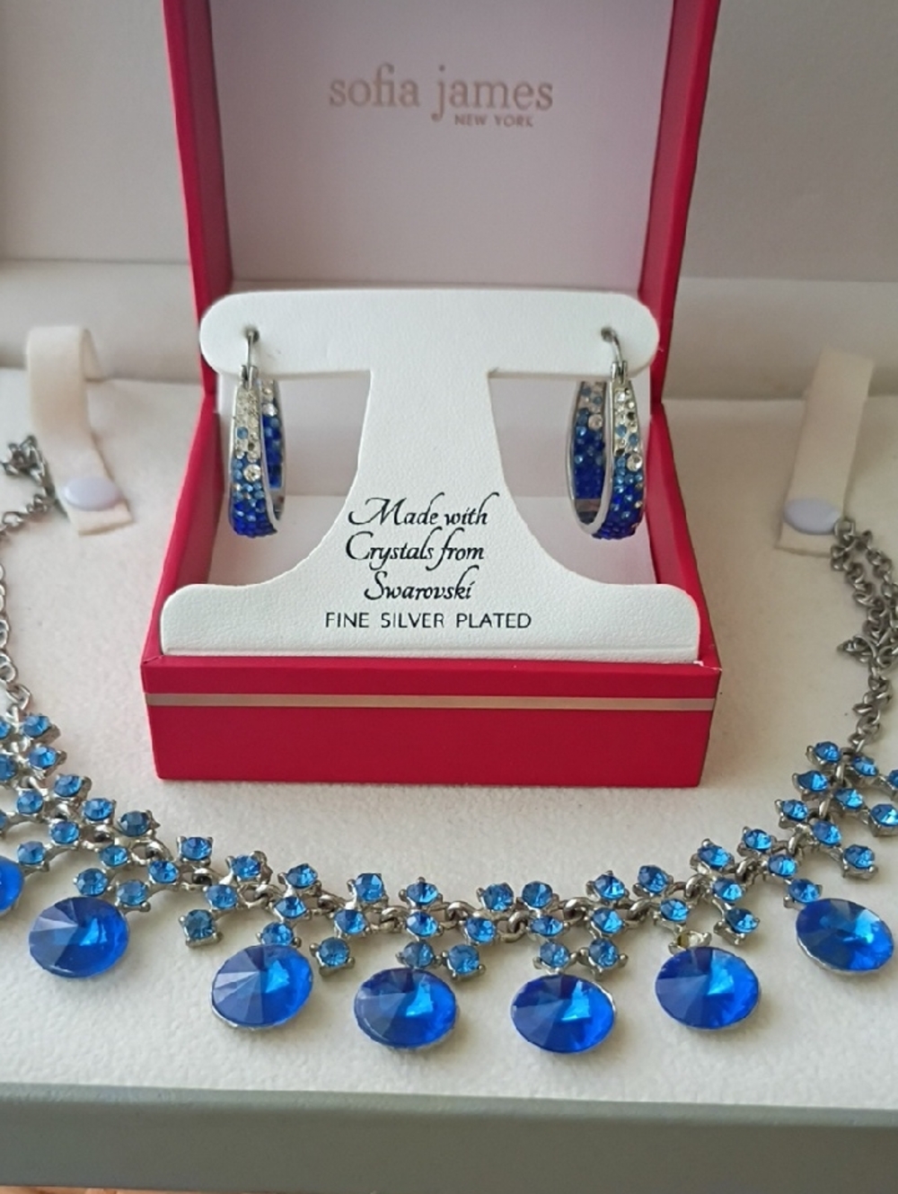 Blue Crystal Hoop Earrings - Silver Plated And Necklace
